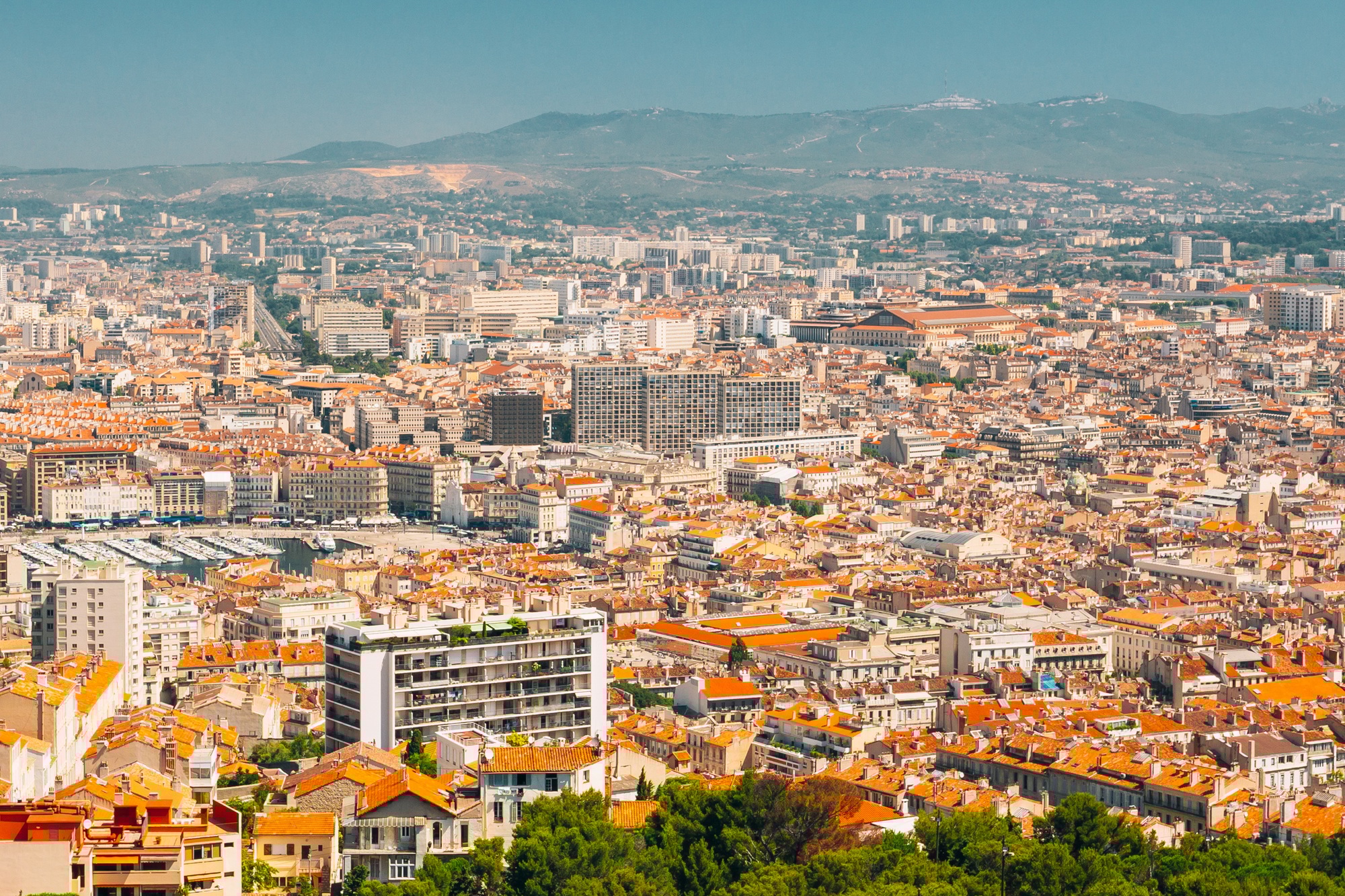 Marseille, France. Elevated View Of Cityscape. Residential Districts And Streets Under Sunny Summer